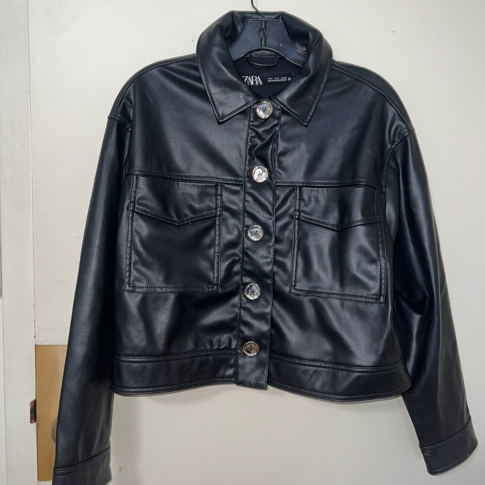 Zara Cropped Black Faux Leather Jacket Size Small